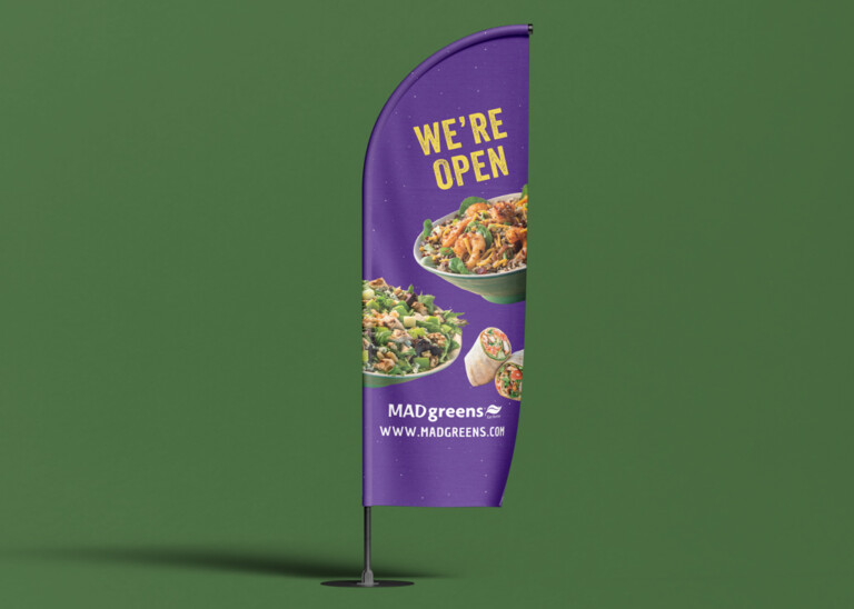 Now Open feather flags for Mad Greens