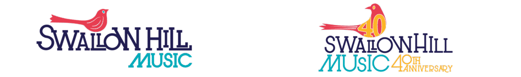 Swallow Hill Music standard logo and 40th anniversary logo side by side.