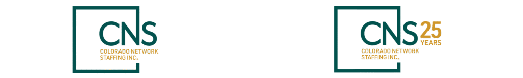 CNS Colorado Network Staffing standard logo and 25 years logo side by side.