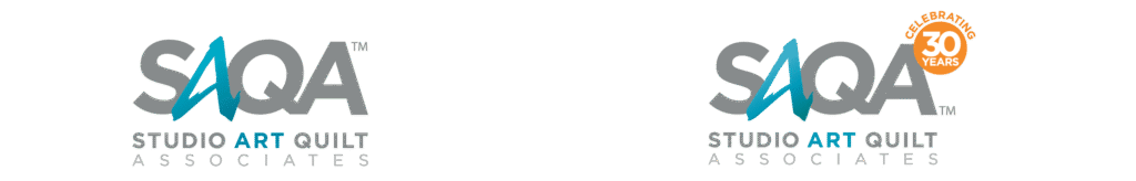 SAQA Studio Art Quilt Associates standard logo and 30 years logo side by side