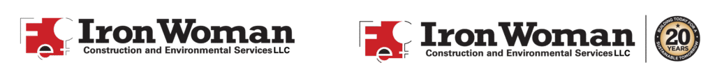 Iron Woman Construction and Environmental Services LLC standard logo and 20 years logo side by side. Logo features stylized chemical element symbol for iron (Fe) and circle-with-cross female icon.