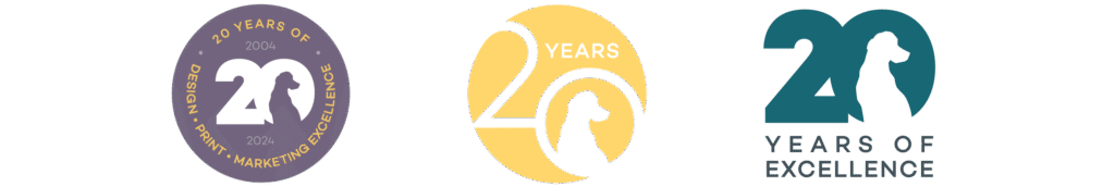 Three versions of YellowDog 20th anniversary logo, one each in purple, yellow and teal, each featuring the silhouette of a sitting Labrador as negative space in the zero of the number 20.