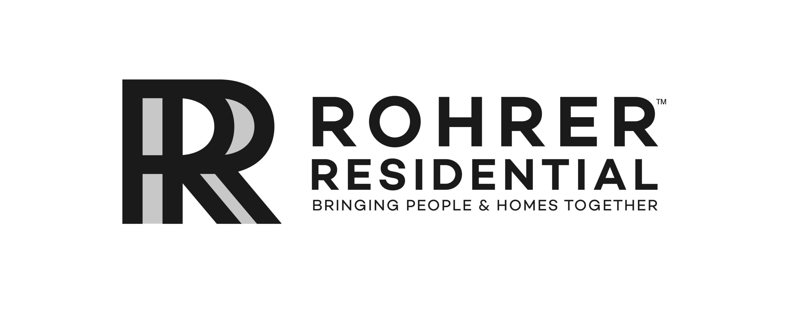 Monogram logo design - black and white graphic depiction of two upper-case Rs overlapping followed by the words Rohrer Residential: Bringing People & Homes Together