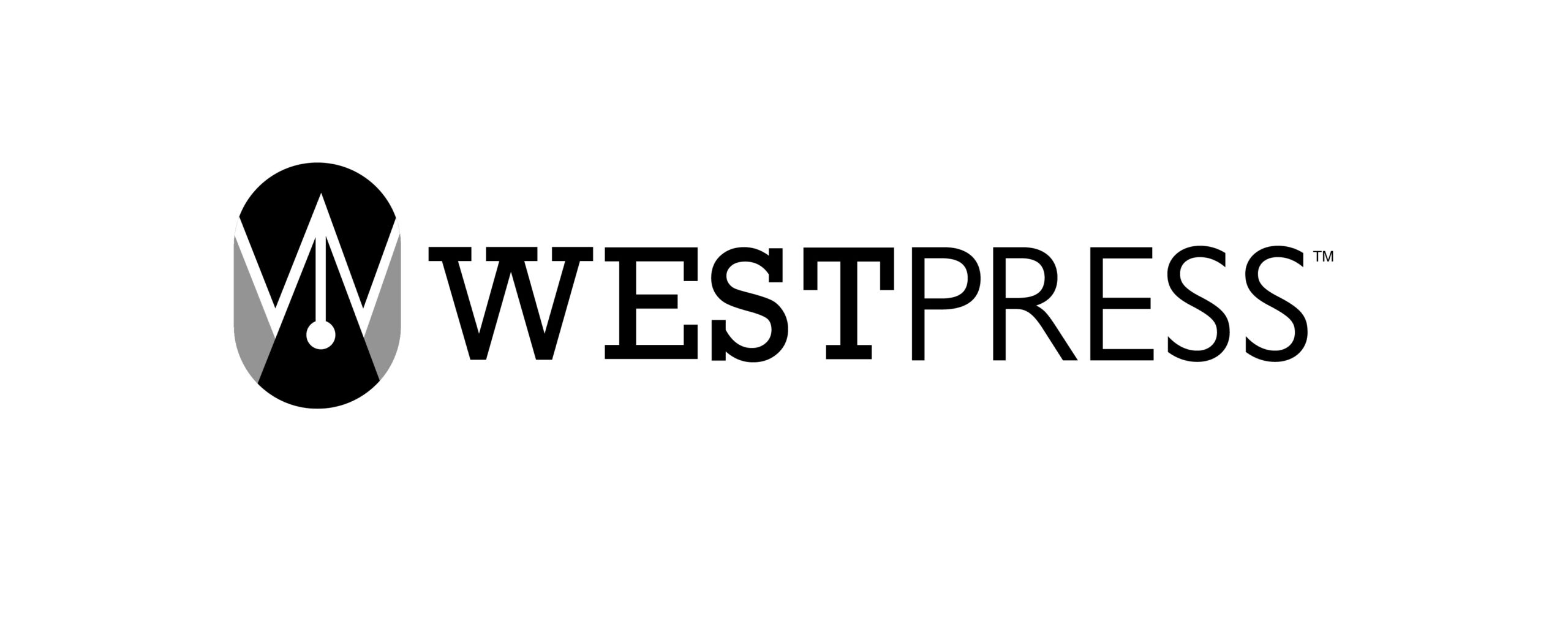 Abstract logo design - black and white graphic of the letter W encapsulated in a vertical oval shape followed by the words WestPress