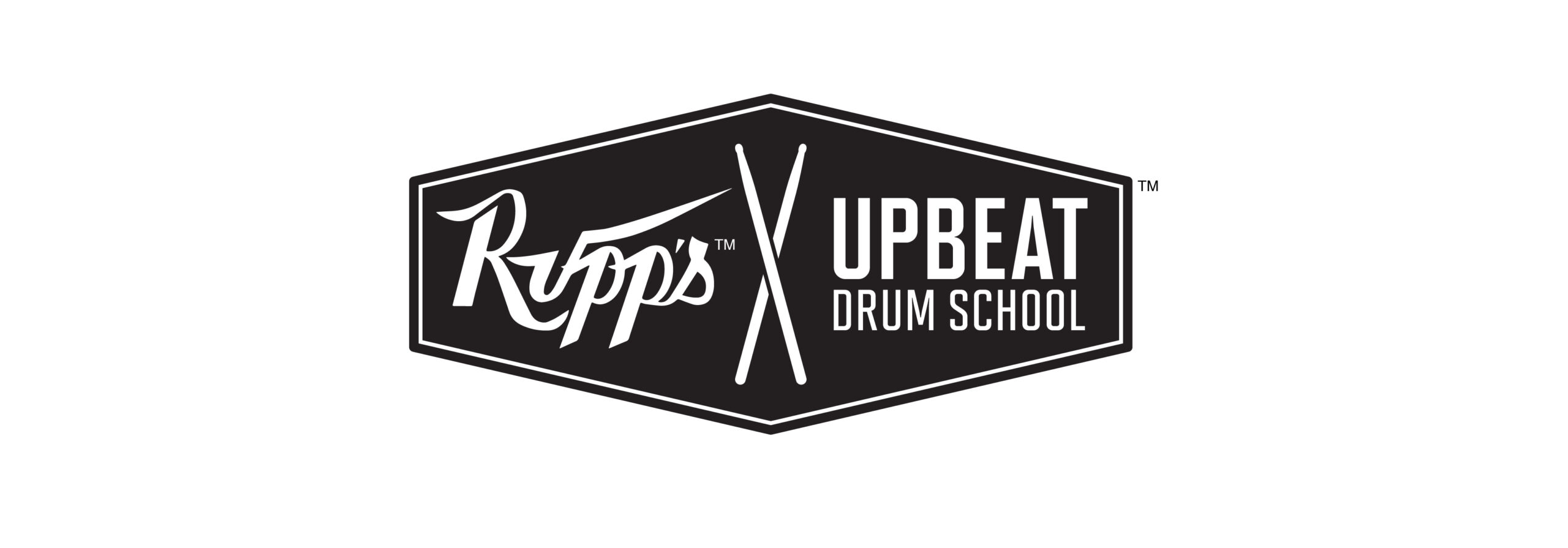 Emblem logo design - black and white graphic of a hexagon, inside on the left are the words Rupp's, separated by two crossed drumsticks on the left are the words Upbeat Drum School