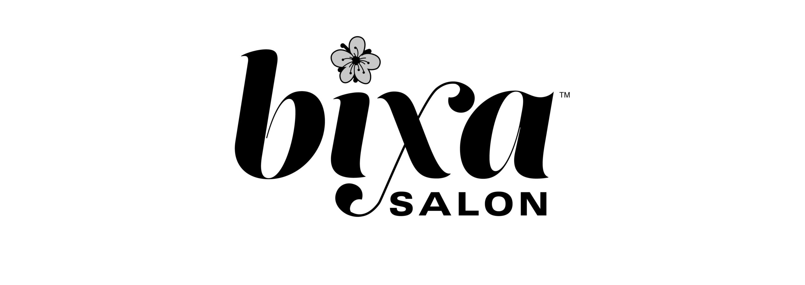 Combination logo design - black and white graphic of the words bixa salon, where the dot in the i of Bixa is a flower