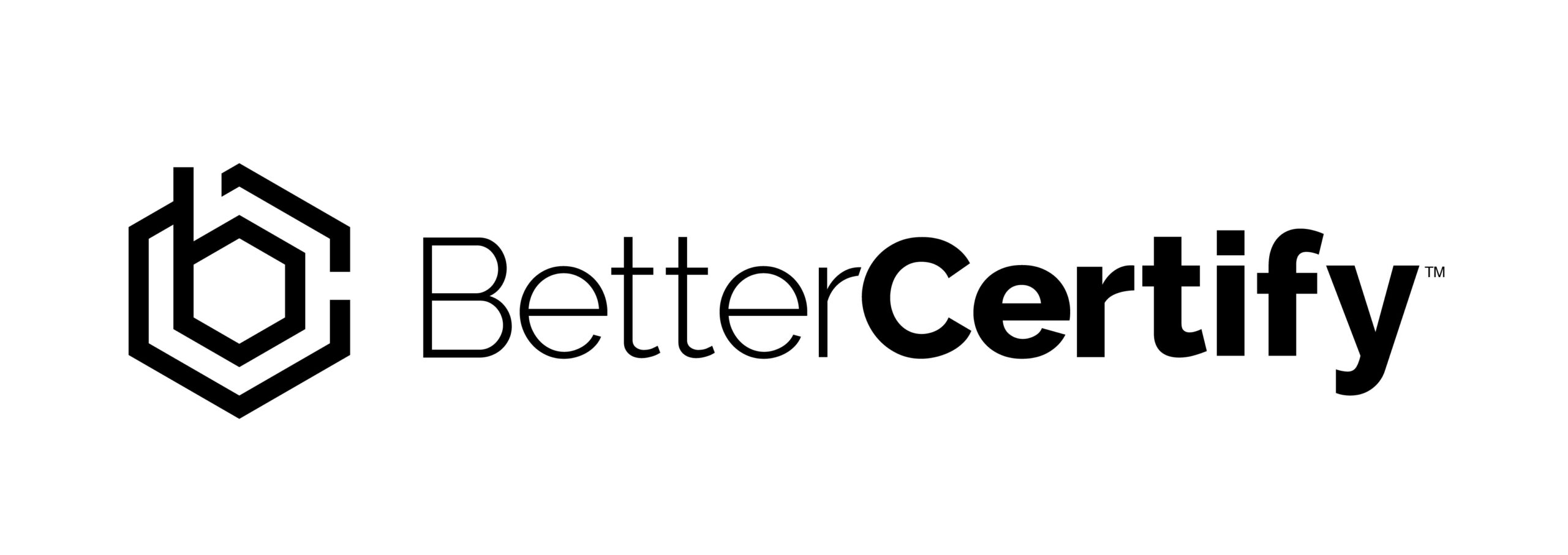 Monogram logo design - black and white graphic depiction of a lower-case b inside the letter c followed by the words BetterCertify.