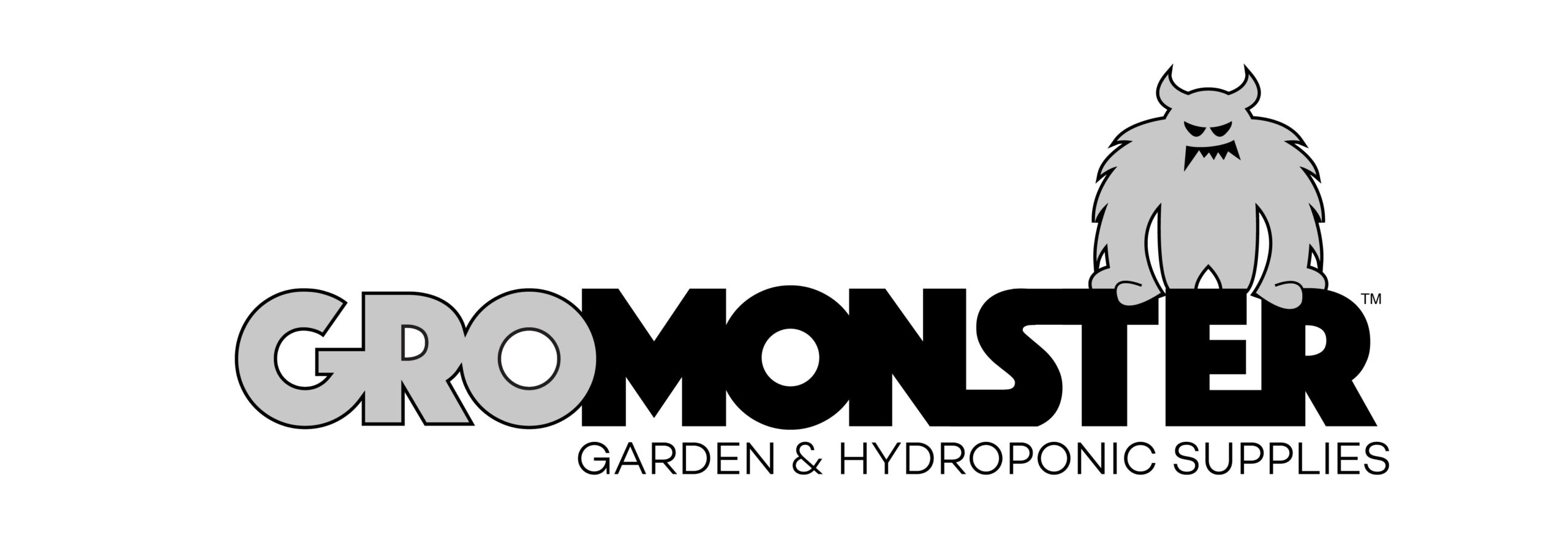 Mascot logo design - black and white graphic of the words GroMonster: Garden & Hydroponic Supplies featuring a furry horned monster standing on top of the words
