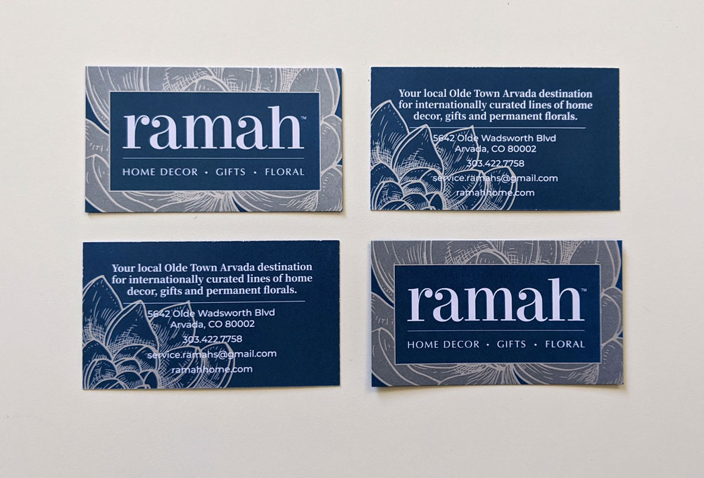 Four business cards for Ramah showing the front and back.