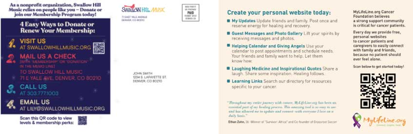 Example of Swallow Hill Music and MyLifeLine.org's use of QR codes in a direct mail campaign.