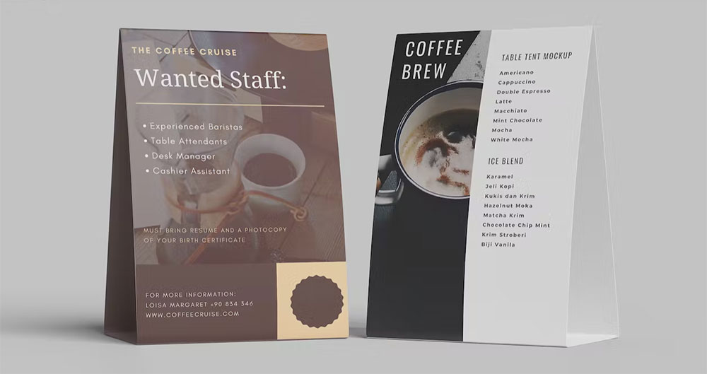 Two table tents that are branded for a coffee shop.