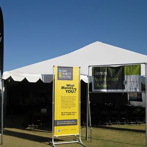 New York City Marathon banners and teardrop signs for Janus Investments